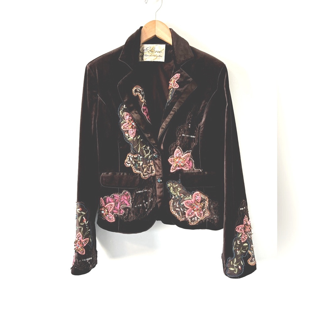 Vintage Ebene Velvet Embroidered Beaded Sequined Jacket Dark Brown